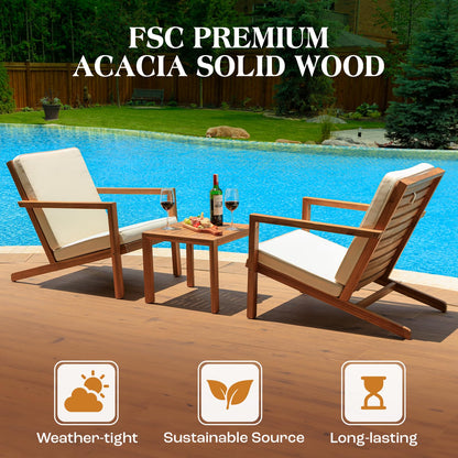 Idzo Eleve 400lbs Capacity Outdoor Club Chairs Set of 2 with Wooden Side Table, FSC Certified Acacia Wood Patio Furniture Set for Firepit Porch, Large, Slanted Backrest Design
