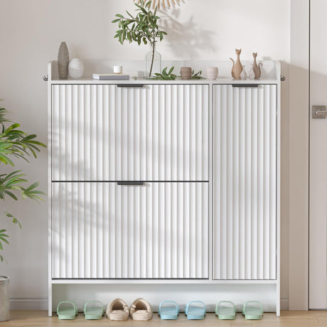 Piskyet Shoe Storage Cabinet with 2 Flip Drawers and Boot Cabinet, Morden Fluted Narrow Shoes Rack Organizer for Entryway with Anti-tilt Device,Hidden Handles Piskyet