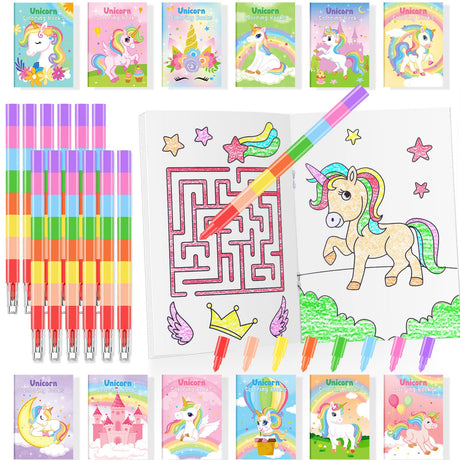 BenLouis 24 Unicorn Mini Coloring Books Kids with 24 Stacking Crayons Rainbow Party Favors Activity Books Bulk for Kids Unicorn Birthday Goodie Bag Gift Stuffer Classroom Reward BenLouis