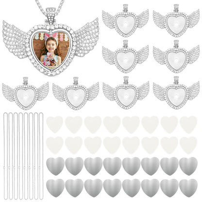 ZYNERY 48 Pcs Sublimation Rhinestone Trays Pendant Set, Sublimation Necklace Blank with Chain, Includes 8 Double Sided Blank Rhinestone Bezel Trays, 8 Chains, 16 Sublimation Discs, 16 Tapes (Wings)