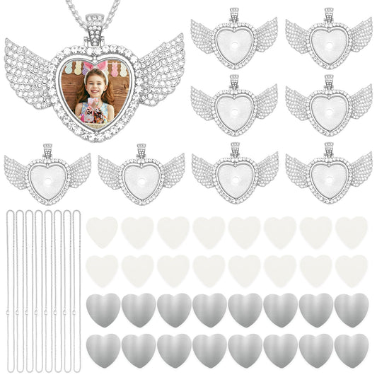 ZYNERY 48 Pcs Sublimation Rhinestone Trays Pendant Set, Sublimation Necklace Blank with Chain, Includes 8 Double Sided Blank Rhinestone Bezel Trays, 8 Chains, 16 Sublimation Discs, 16 Tapes (Wings)