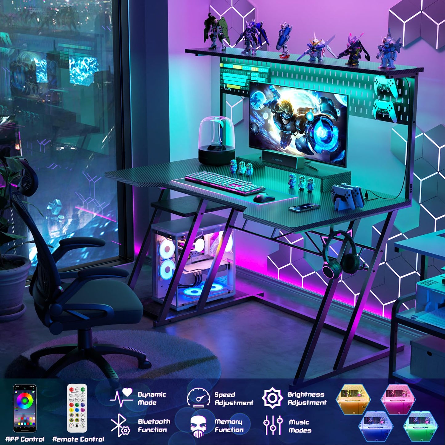 Gaming Computer Desk with Power Outlets, Gaming Desk with Hutch and LED Lights, Reversible PC Gaming Desk with Pegboard, Carbon Fiber Black, 47" - WoodArtSupply