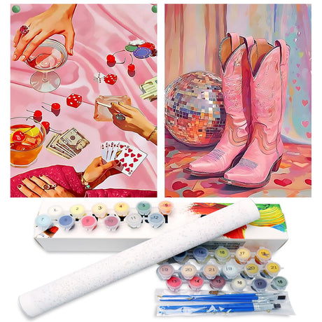 2 Pack Paint by Numbers Kit for Adults, Vintage Poker Boots Paint by Numbers for Adults, DIY Adult Painting by Numbers Beginners on Canvas Acrylic for Home Wall Art Decor 12x16Inch (Rolled Package) Mandun