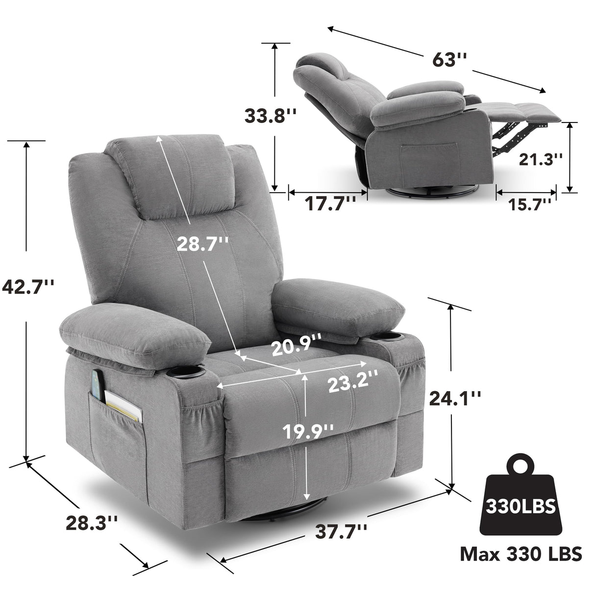 Weture Oversized Swivel Rocker Recliner Chair with Heat and Massage, 360 Degree Swivel Rocking Single Sofa with Cup Holders and USB Port, Big Large Recliner Chair for Living Room (Fabric, Grey) Weture