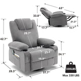 Weture Oversized Swivel Rocker Recliner Chair with Heat and Massage, 360 Degree Swivel Rocking Single Sofa with Cup Holders and USB Port, Big Large Recliner Chair for Living Room (Fabric, Grey) Weture