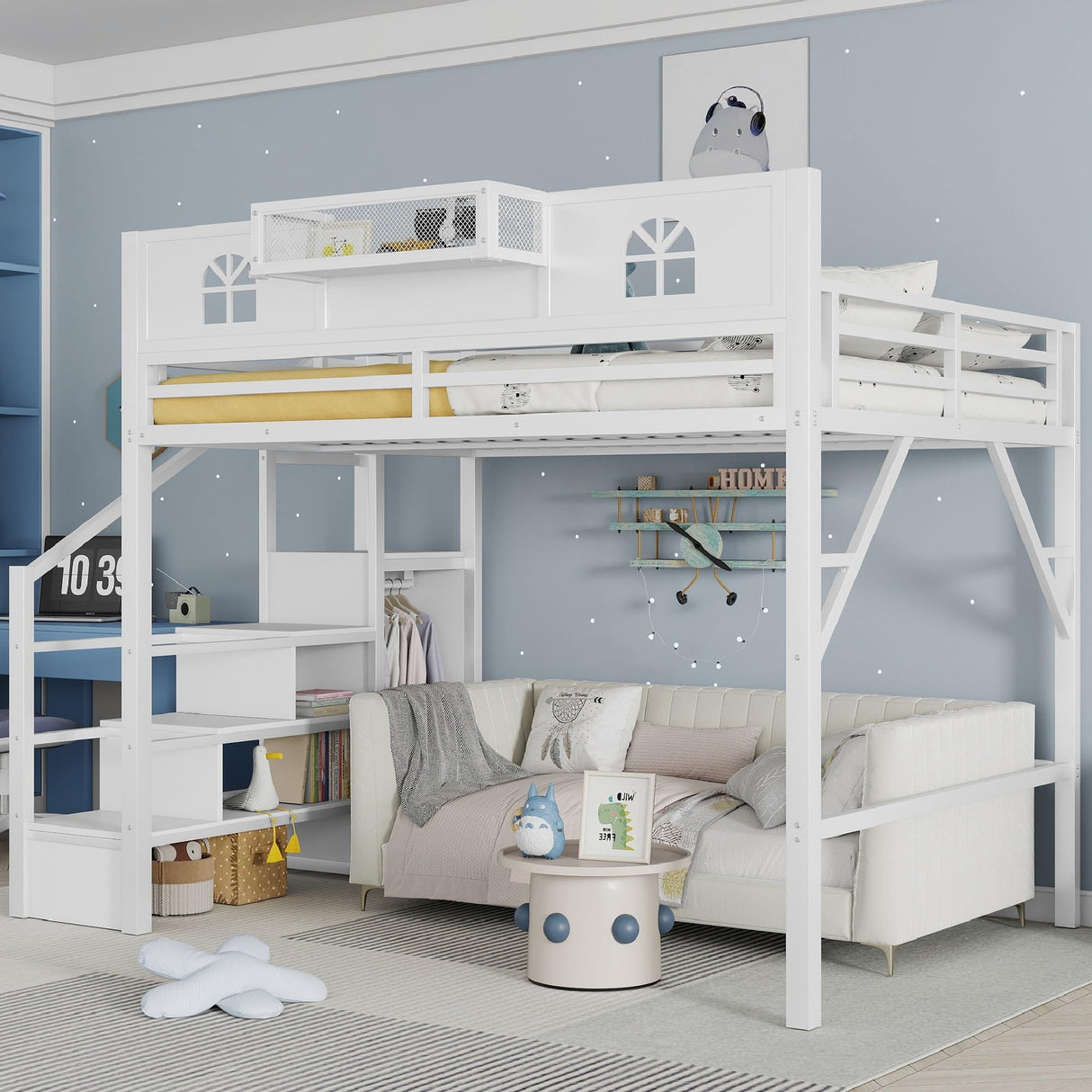 KEIKI Queen Size Loft Bed with Stairs & Storage Wardrobe, Kids Metal Bed Frame w/Safety House-shaped Guardrail, Space-saving Corner Beds w/Top Shelf for Teens, Easy Assembly Bedframe Queen-size, White KEIKI