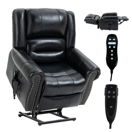 Dual Motor Power Lift Chair, Lay Flat Recliner Chair, Electric Recliner with Massage and Heat for Elderly, Remote Control, Infinite Position, Standing Assistance, USB Ports (Black, Genuine Leather) Trustyue