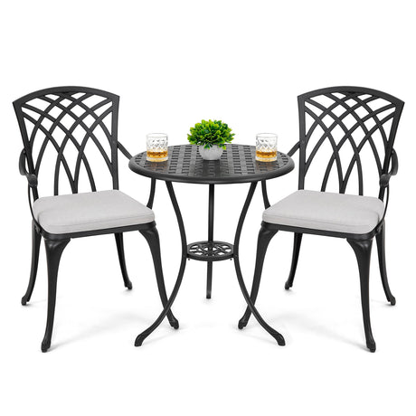 NUU GARDEN Bistro Set 3 Piece Outdoor Cast Aluminum Patio Bistro Set Patio Table and Chairs Set of 2 with Umbrella Hole and Gray Cushions, Black NUU GARDEN