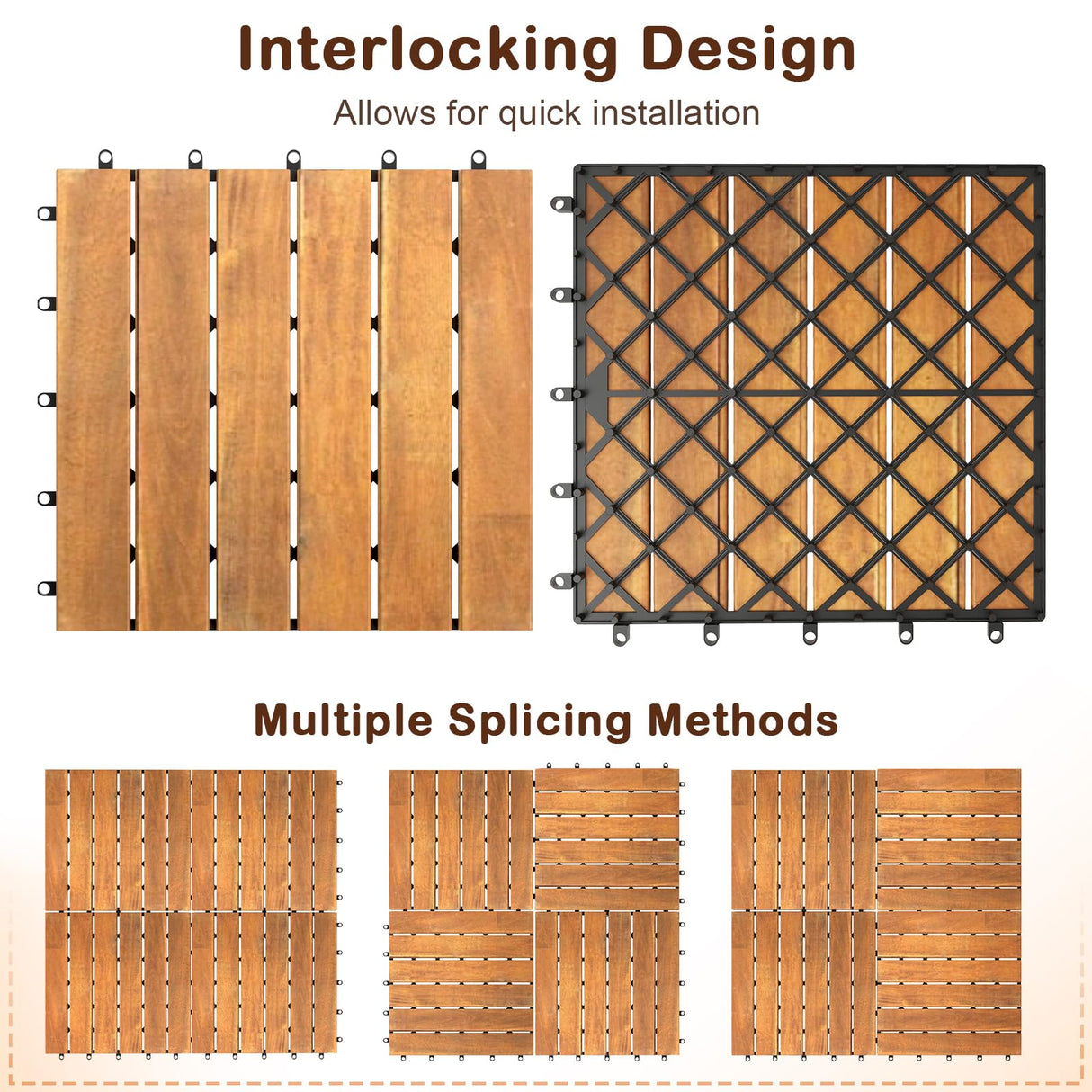 Tangkula 27 PCS Interlocking Deck Tiles, 12" x 12" Acacia Wood Floor Tiles for Patio, Balcony, Garden Indoor, 27 Sq. Ft Flooring Pavers Outdoor Waterproof, Tools Free Assembly (Stripe) Tangkula