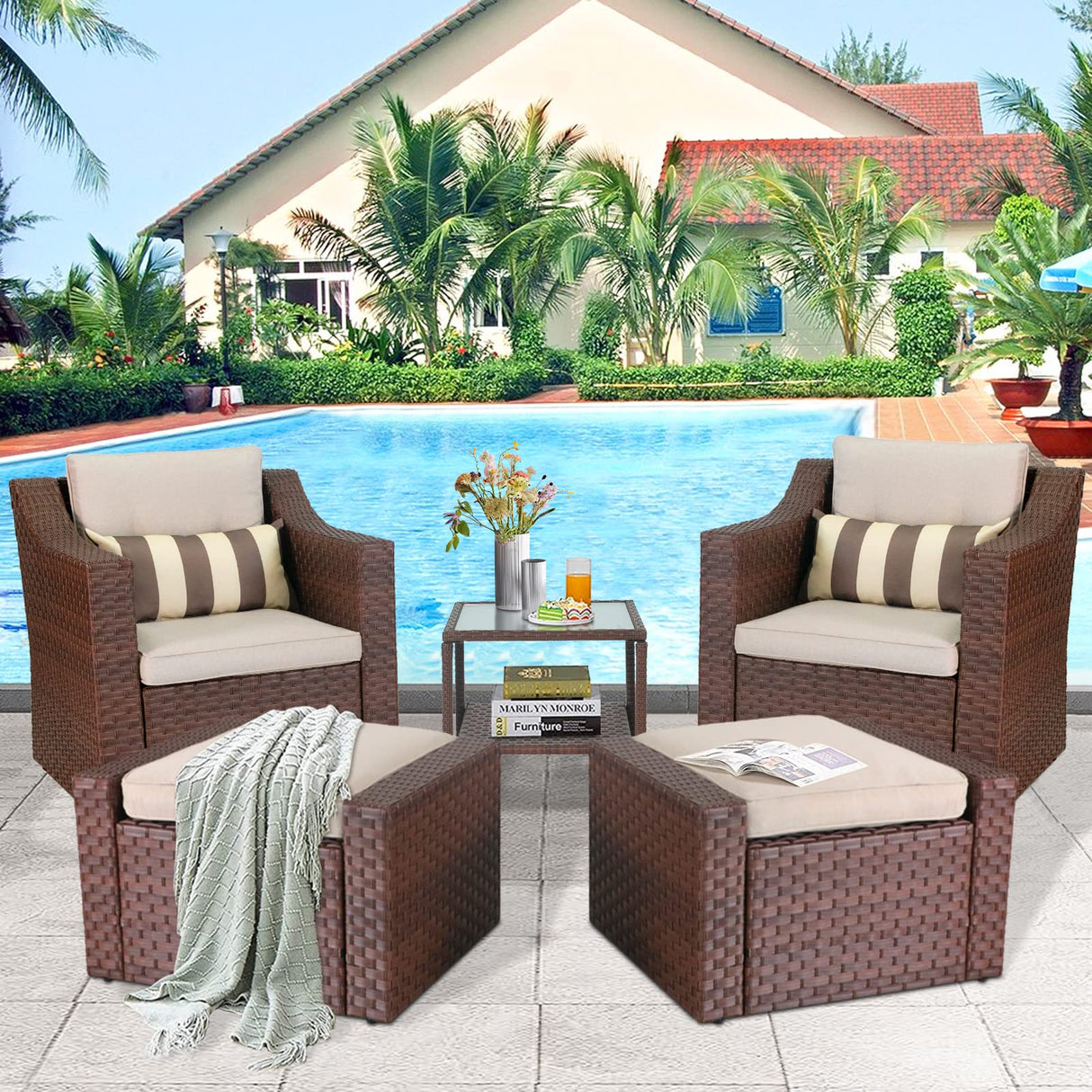 Crownland 5 Pieces Wicker Patio Conversation Set All Weather Outdoor Wicker Lounge Chair and Ottoman Conversation Set with Coffee Table & Cushions (Brown) Crownland