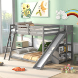 Full Over Full Low Bunk Bed with Slide and Storage Shelves, Wooden Floor Bunk Bed Frame with Ladder, Convertible Full Size Loft Bed with Bookcase for Kids Boys Girls Teens, Gray Bellemave