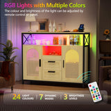 JDPAG 40” Rattan Sideboard Buffet Kitchen Storage Cabinet, LED Coffee Bar Cabinet with Charging Station, Cupboard Console Table with Adjustable Shelves (Natural) JDPAG