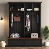 LUMISOL Farmhouse Hall Tree with Wood Grain Storage Bench, 4-in-1 Mudroom Coat Rack with Open Compartments and 2 Large Drawer, Entryway Shoe Cabinet with 6 Hanging Hooks for Hallway, Black LUMISOL