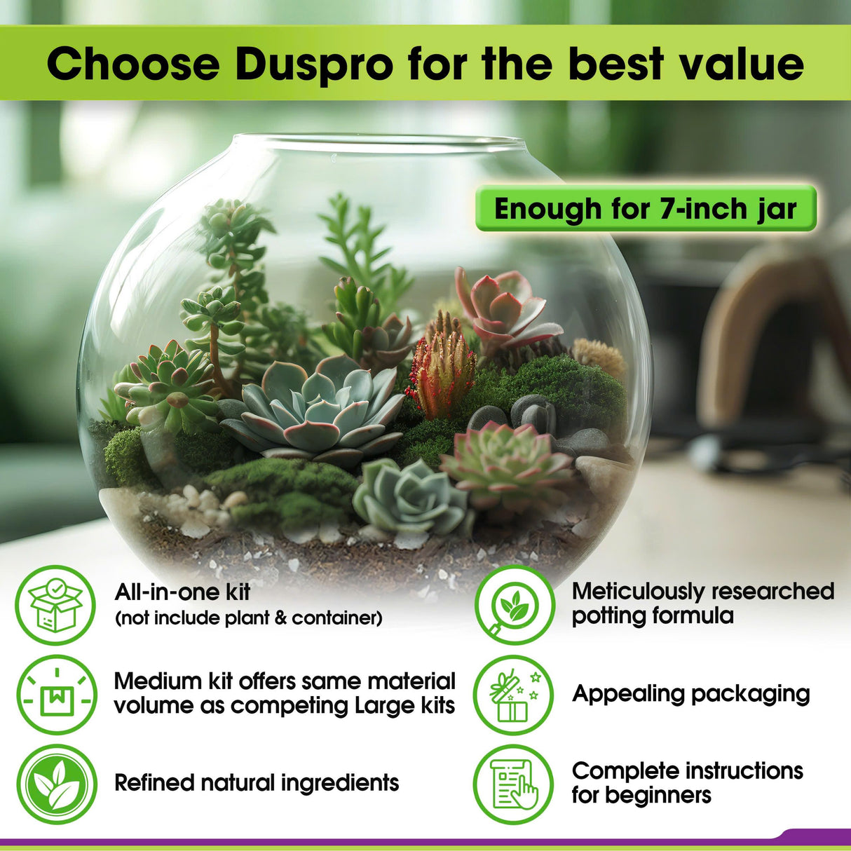 DUSPRO Recycle Terrarium Kit, Include Terrarium Potting Soil, Pumice, Zeolite, Green Moss, Sphagnum Moss, Decorative Stone, Mesh, Tools, DIY Terrarium Starter Kit for Kids, Air Plant, Succulent Duspro