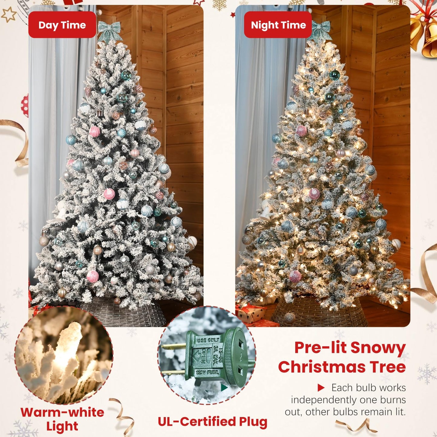 Maylaviu 8 ft Flocked Christmas Tree Prelit, Snow Frosted Artificial Christmas Tree with 700 UL Lights, Pine Cones & 1754 Tips, Auto Hinged Easy Setup Full Prelighted Large Christmas Tree