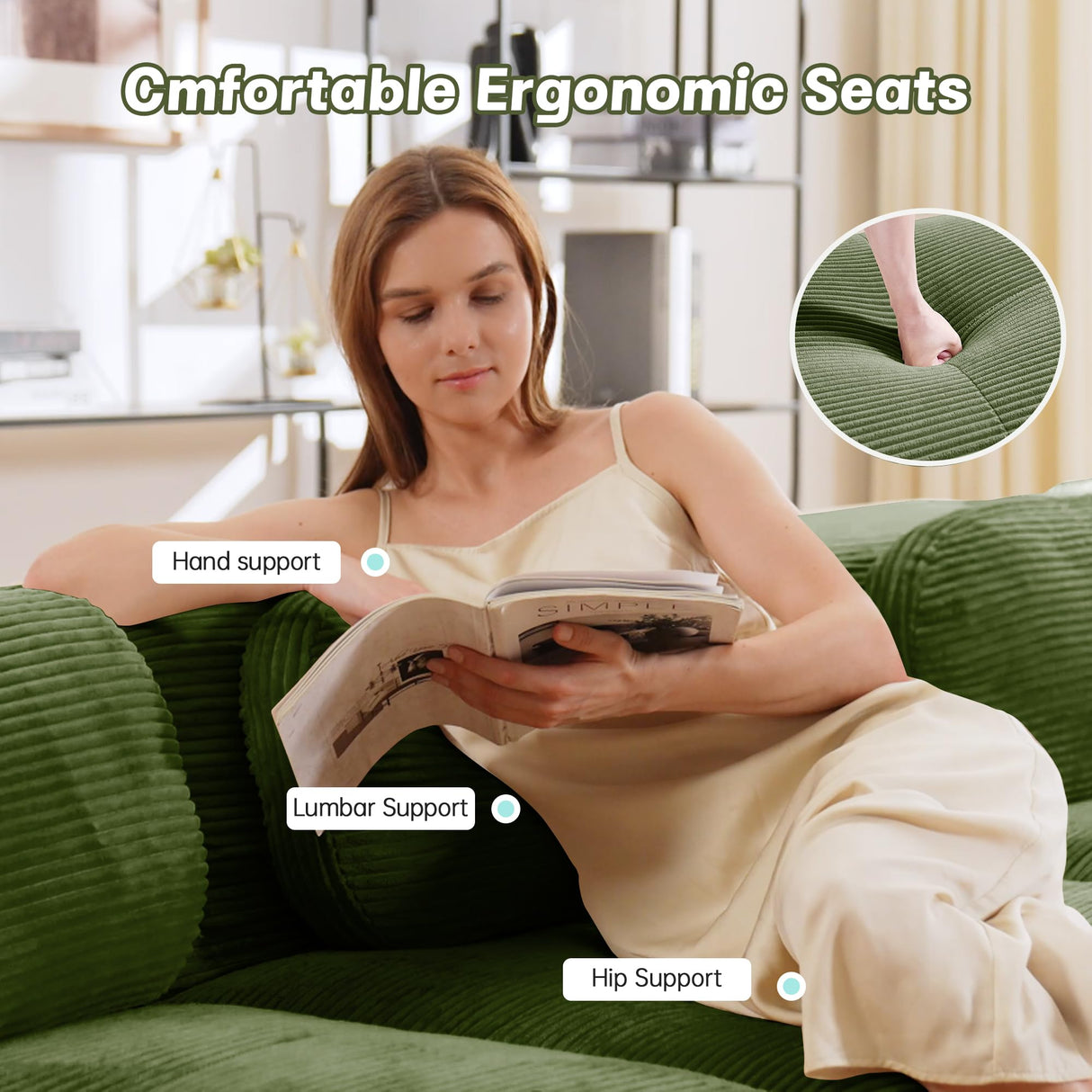 YESER Modular Sectional Sofa Boneless Couch Corduroy Cloud Couch, Modern Deep Seat Sectional Couches for Living Room, 82" Loveseat Apartment Sofa Small Couches for Small Spaces, No Assembly(Green) YESER