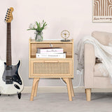 Lerliuo Rattan Nightstands Set of 2 with Charging Station, Boho Side Table with Drawer Open Shelf, Cane Accent Bedside End Table with Solid Wood Legs for Bedroom, Dorm and Small Spaces (Natural) Lerliuo