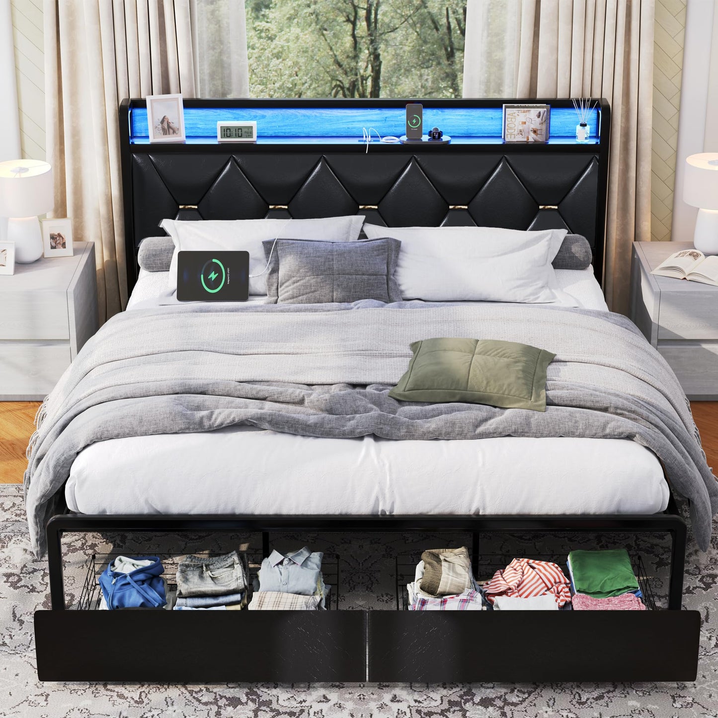 Ailisite King Size Upholstered Bed Frame with LED Headboard, Storage Drawers & Charging Station - WoodArtSupply