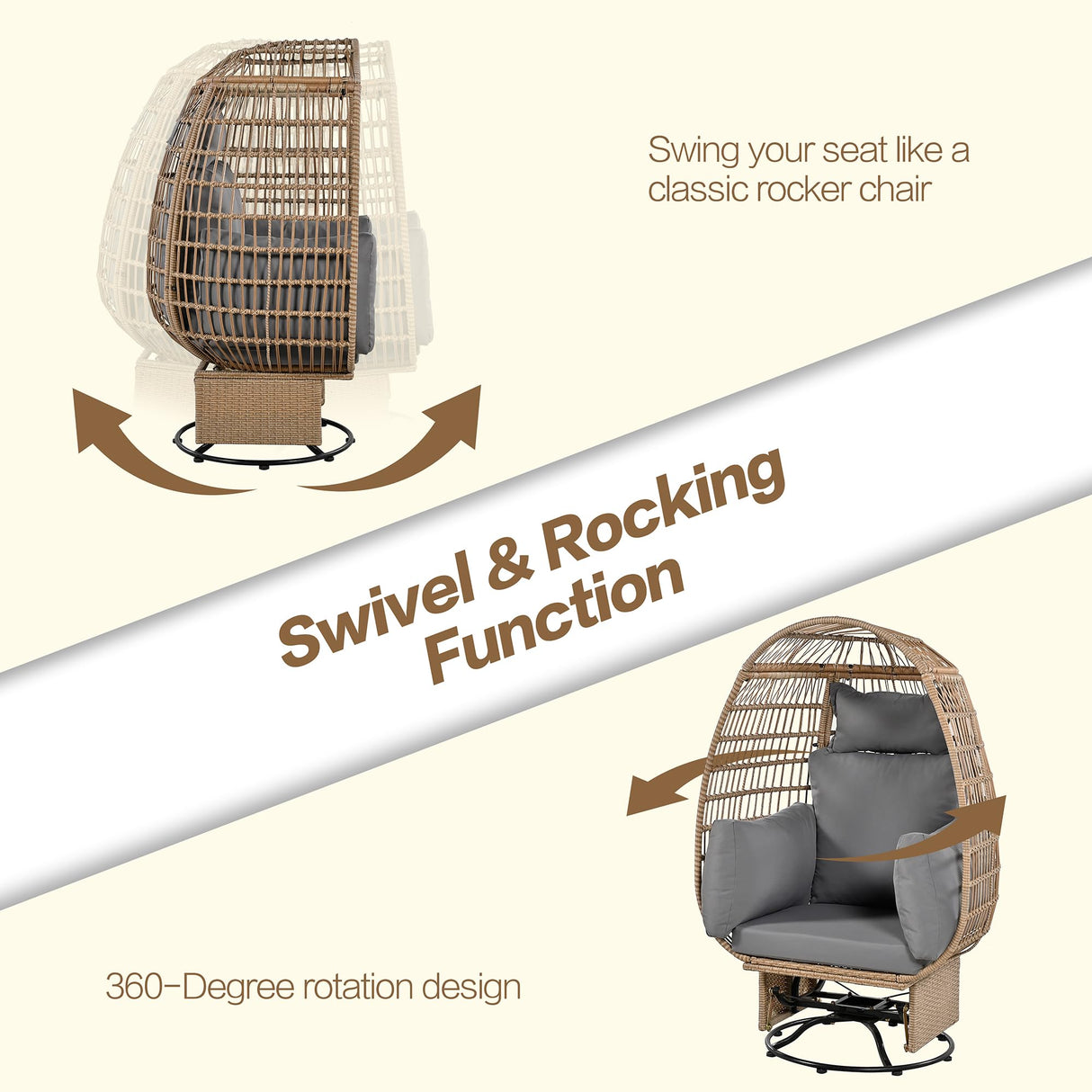 Outdoor Swivel Chair with Cushions, Large Wicker Egg Chair with Stand, 360° Rotation Patio Chairs with Metal Frame, Rattan Egg Chairs with Rocking Function for Balcony, Poolside, Natural Wicker FAROUCHE