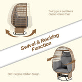 Outdoor Swivel Chair with Cushions, Large Wicker Egg Chair with Stand, 360° Rotation Patio Chairs with Metal Frame, Rattan Egg Chairs with Rocking Function for Balcony, Poolside, Natural Wicker FAROUCHE