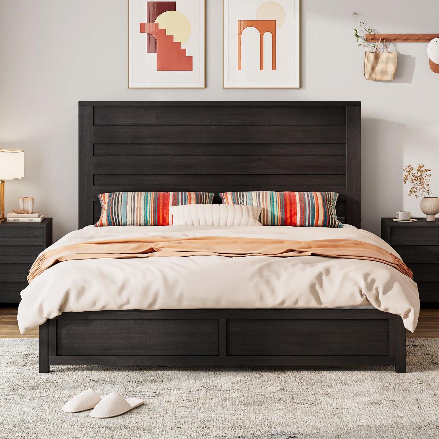 Farmhouse Queen Bed Frame with 49" Tall Headboard - LUXOAK Wooden Platform Bed, Noise-Free & No Box Spring Needed, Black - WoodArtSupply