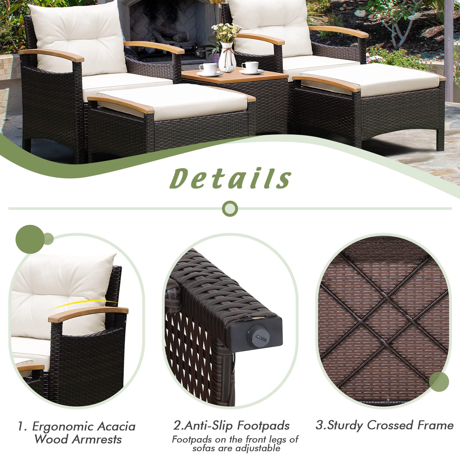 Tangkula 5 Piece Patio Furniture Set, Patiojoy Outdoor Conversation Set w/Seat & Back Cushions, Coffee Table & 2 Ottomans, Acacia Wood Tabletop & Armrests, Wicker Sofa Set for Backyard, Pools - WoodArtSupply