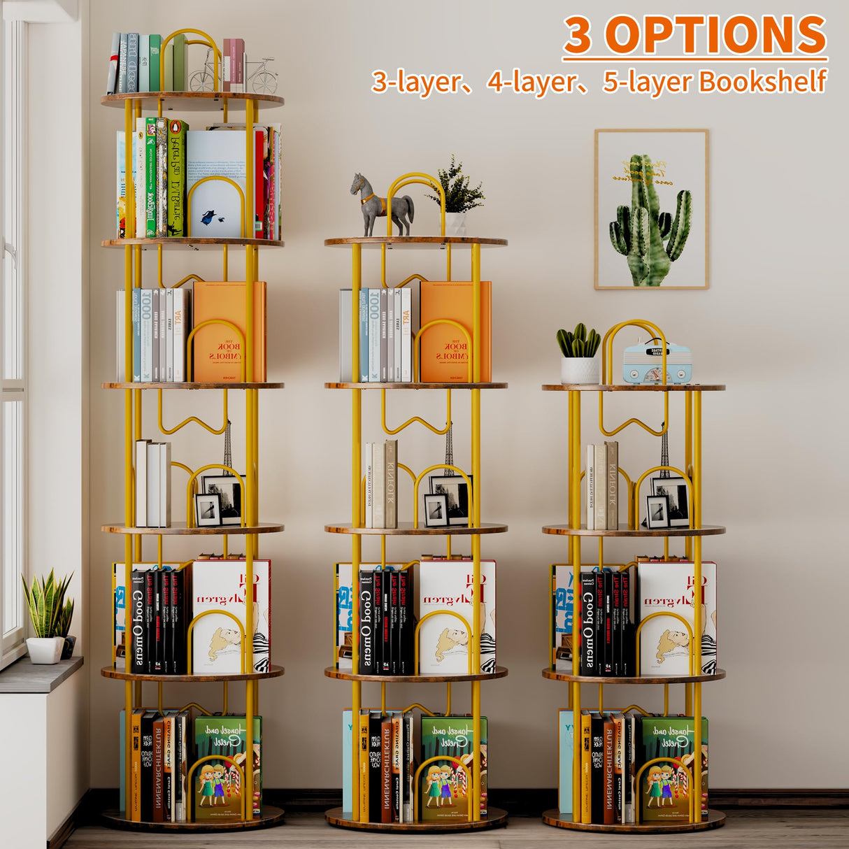Merkisa 5 Tier Rotating Bookshelf, 360° Spinning Bookshelf Tower, Narrow Corner Book Shelf, Revolving Bookcase Corner Tall Book Shelf for Small Spaces, Bedroom, Living Room, Gold Merkisa