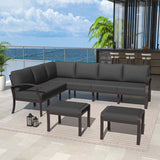 Kurapika Patio Furniture Set 8-Piece Aluminum Sectional Sofa with Armrest, Modern Outdoor Conversation Set, Metal Corner Sofa with Ottoman, Black Kurapika