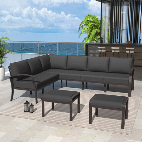 Kurapika Patio Furniture Set 8-Piece Aluminum Sectional Sofa with Armrest, Modern Outdoor Conversation Set, Metal Corner Sofa with Ottoman, Black Kurapika