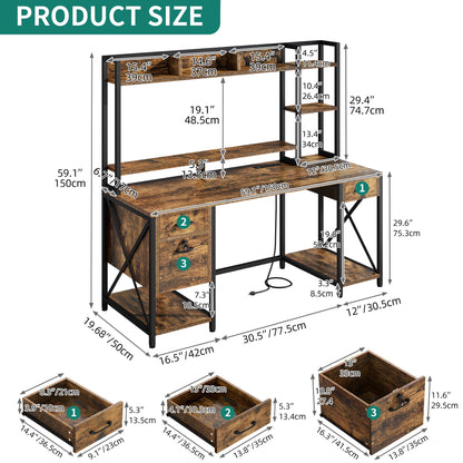 YITAHOME Computer Desk with Drawers & Power Outlets, 59" Home Office Desk with Hutch, Gaming Desk with LED Lights, Rustic Brown