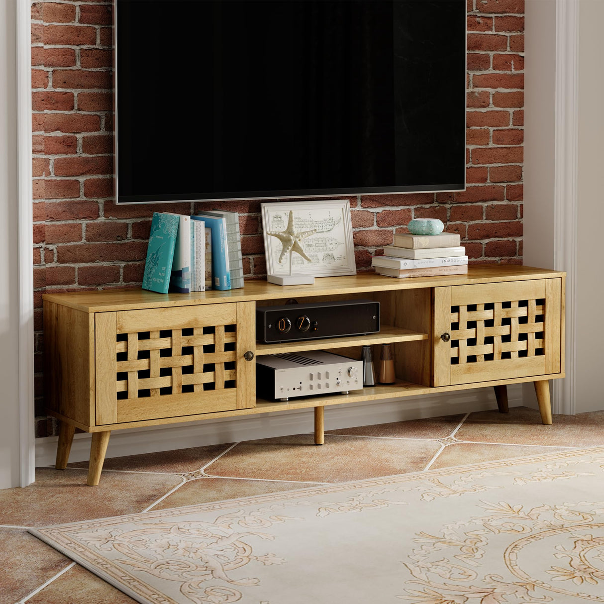 RoyalCraft 63'' TV Stand with Storage, Wood TV Entertainment Center for 65 inch TV, Mid Century Modern TV Entertainment Center with Storage, TV Consoles Cabinets for Living Room RoyalCraft