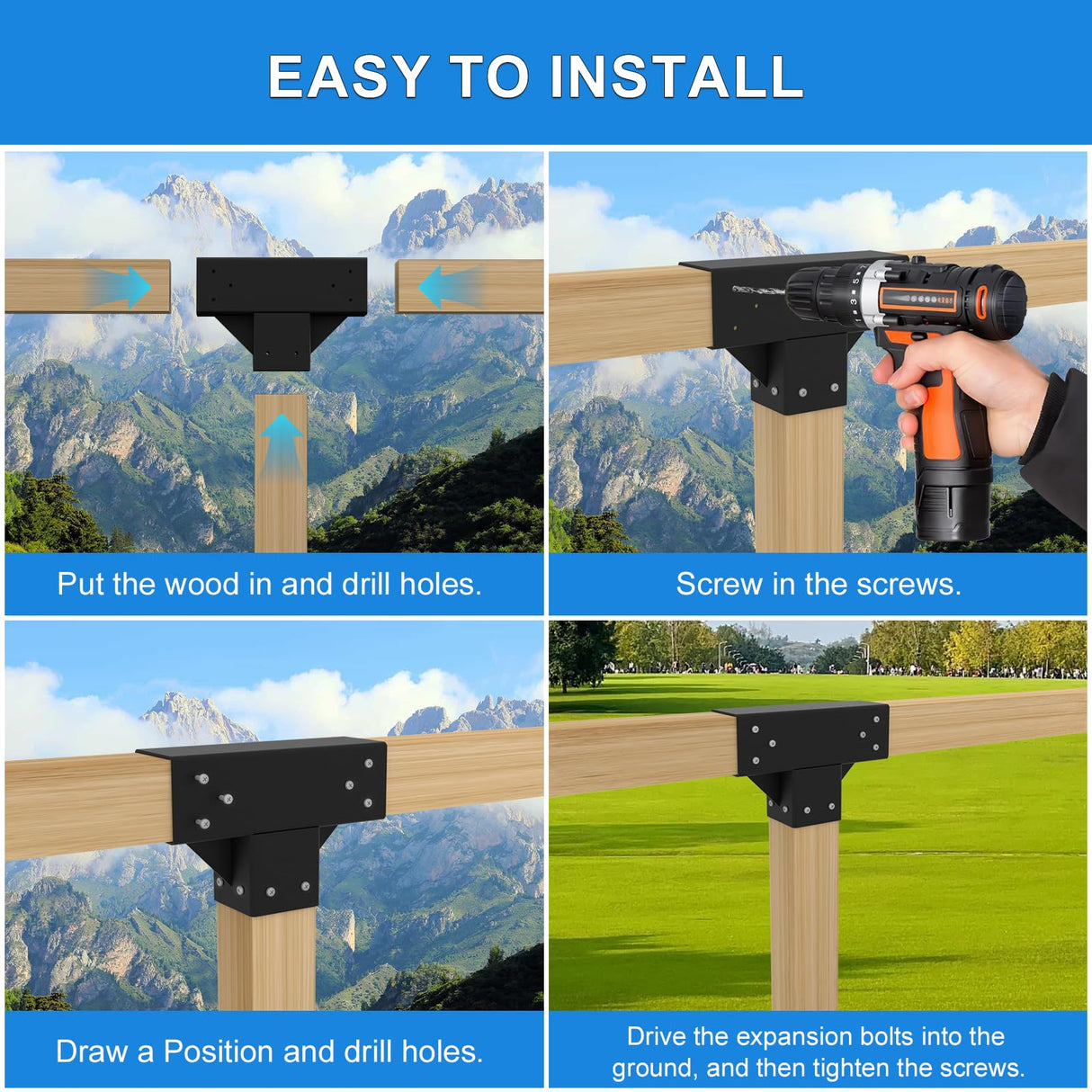 Vlaeng Pergola Kit 4x4", 4 Pcs 3-Way T-Shaped Woodworks Gazebo Brackets Kit with Screws for 4x4(Actual: 3.7x3.7") Wood Beams for Patio Pergola, Log Cabins, Garden, Lumber Gazebo, Black Powder Coating Vlaeng