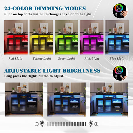 WOOVIVS 39.4" Modern LED Sideboard Buffet Cabinet with Charging Station, High Glossy Cupboard with Motion Sensor Light, Coffee Bar Storage Cabinet with Acrylic Panel for Living Room, Kitchen (Black) WOOVIVS