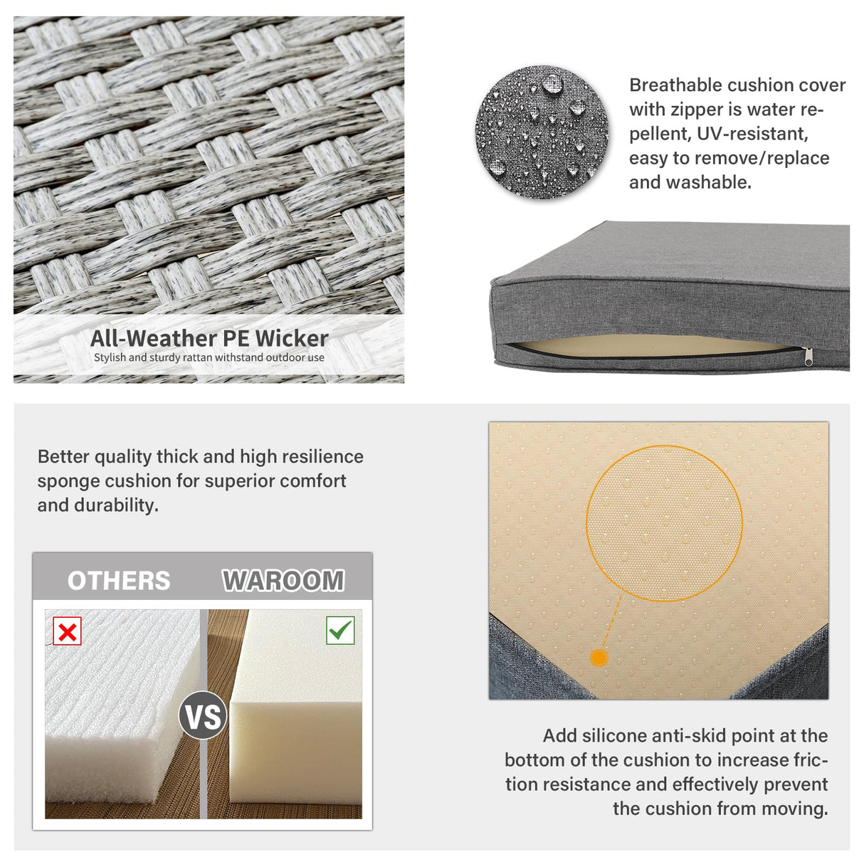 WAROOM Patio Furniture Set 5 Piece Grey Wicker Outdoor Furniture with Fire Pit Table, Patio Sectional Sofa Couch Sets Backyard Deep Seating PE Rattan Chairs, Grey Cushion WAROOM