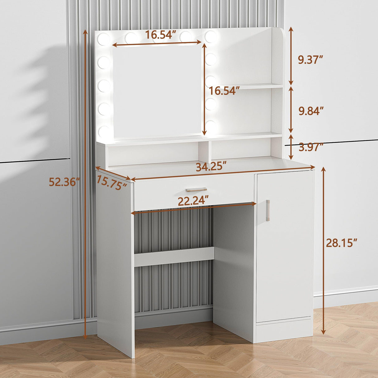 Vanity Desk with Mirror & Lights, White Makeup Desk with Drawers & Cabinet, 3 Lighting Modes & 10 Brightness, Vanity for Bedroom & Dressing Room Decofy