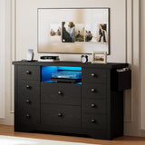 LIKIMIO Dresser with 10 Drawers, Bedroom Wooden Chest of Drawers with LED Lights and Power Outlets, Fabric Side Pocket, TV Stand for Living Room, Black LIKIMIO