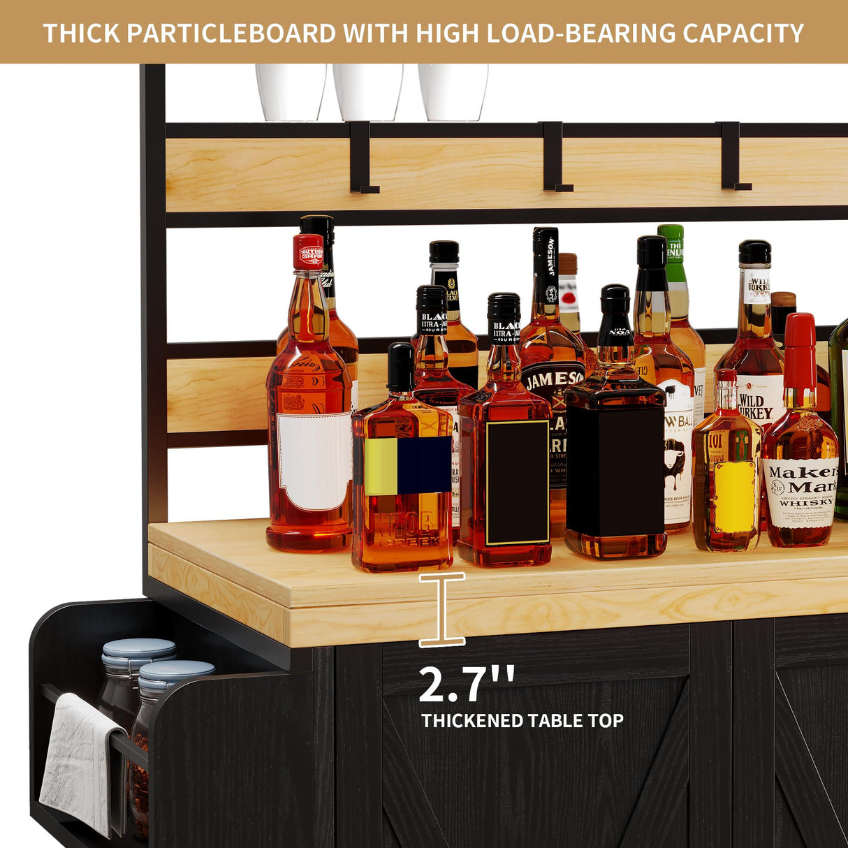 DWVO 53 inch Bakers Rack with Power Outlet and Storage, Farmhouse Coffee Bar Cabinet on Wheels, Microwave Stand Kitchen Cabinet with Hutch, LED Lights, Wine Glass Holder and 14 Hooks, Black DWVO