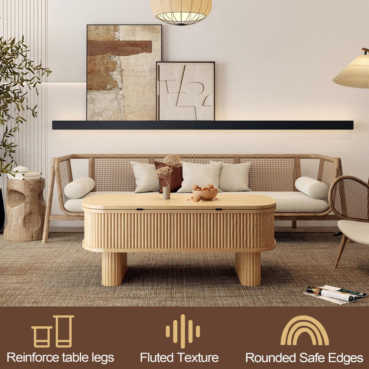 Lift Top Coffee Table with Large Storage,Lifting Converts to Dining Table, Round Pop Up Coffee Table Fluted Oval Wood Center Table For Living Room,Fully Assembled Space-Saving for Eating&Laptops DGpoco