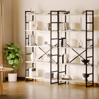 Shintenchi 5-Tier Industrial Bookshelf - Elegant White Bookcase for Living Room, Bedroom, or Office - WoodArtSupply