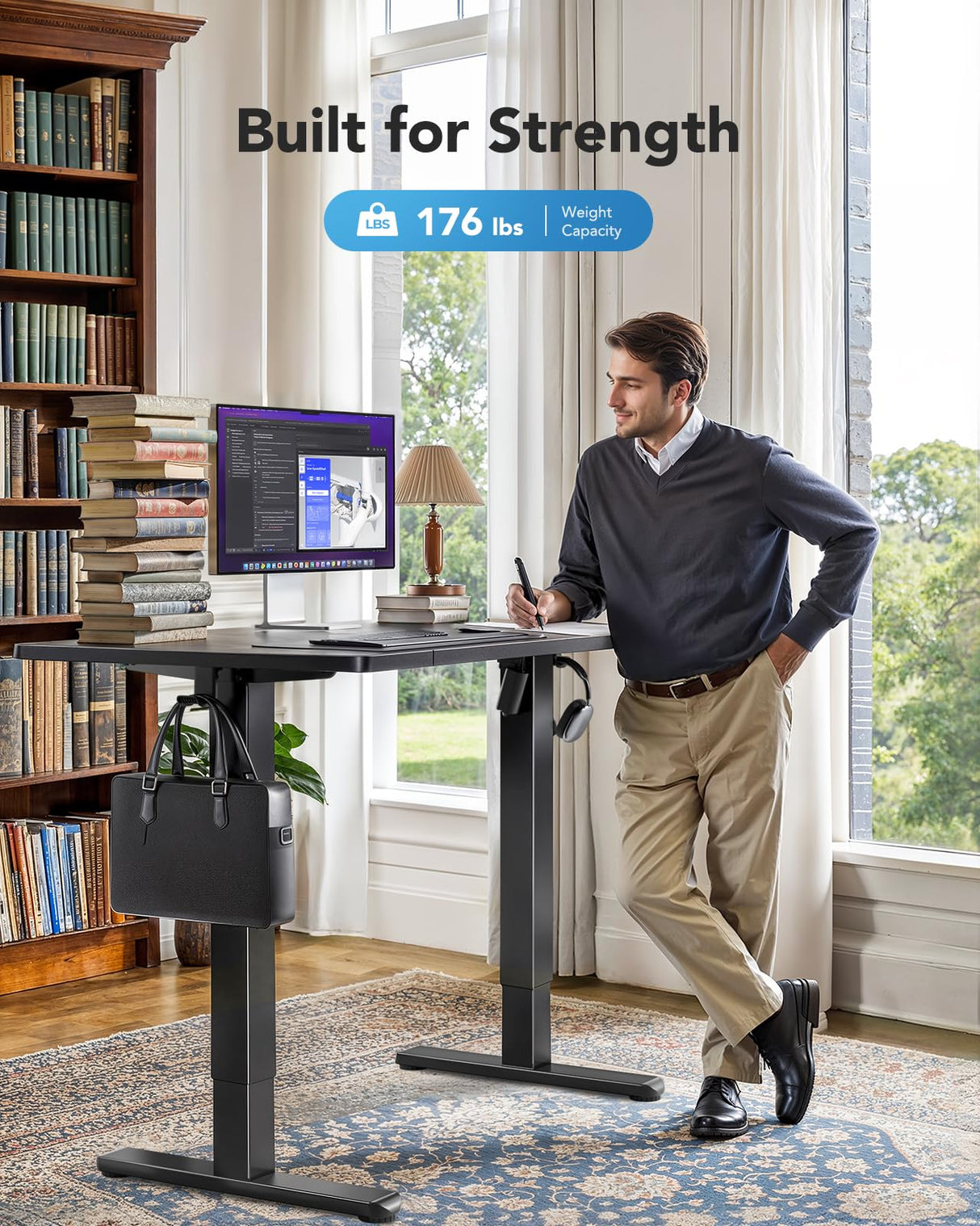 HUANUO 48 x 24 inch Electric Standing Desk, Height Adjustable Table with Headphone Hooks & Cable Manager, Sit to Stand up Desk for Home Office, Black HUANUO