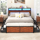 Kiivakii King Size Bed Frame with 12 Storage Drawers, LED Headboard with Charging Station, Metal Bed Frames, No Box Spring Needed, Noise Free, Stable and Solid, Red Brown Kiivakii