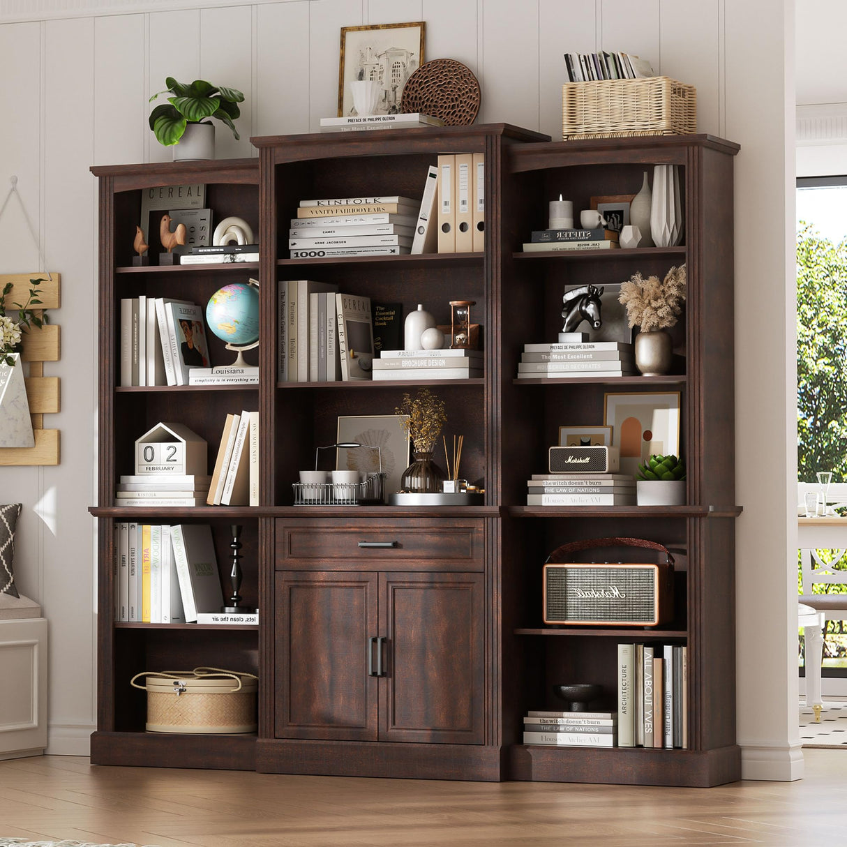 Spurgehom 70" Tall Bookshelves and Bookcases with Doors Large Bookshelf with Drawers, Farmhouse Bookcase with Storage Cabinet, Standing Display Storage Bookshelf for Home Office, Brown Spurgehom