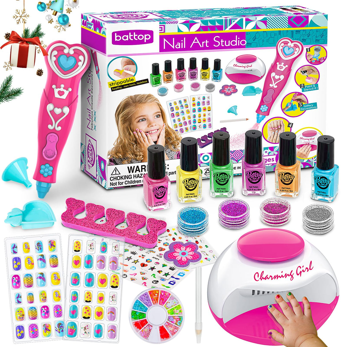 BATTOP Kids Nail Polish Set for Girls, Nail Art Kits with Nail Dryer & Glitter Pen, Quick Dry & Peel Off & Non-Toxic Nail Polish, Christmas Birthday Gifts for Girls Ages 6 7 8 9 10 11 12 BATTOP