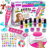 BATTOP Kids Nail Polish Set for Girls, Nail Art Kits with Nail Dryer & Glitter Pen, Quick Dry & Peel Off & Non-Toxic Nail Polish, Christmas Birthday Gifts for Girls Ages 6 7 8 9 10 11 12 BATTOP