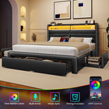 Seventable Queen Size Bed Frame with 4 Storage Drawers & Charging Station, Upholstered Platform Bed with Storage Headboard and LED Light, No Box Spring Needed, Noise Free, Easy Assembly, Black Seventable