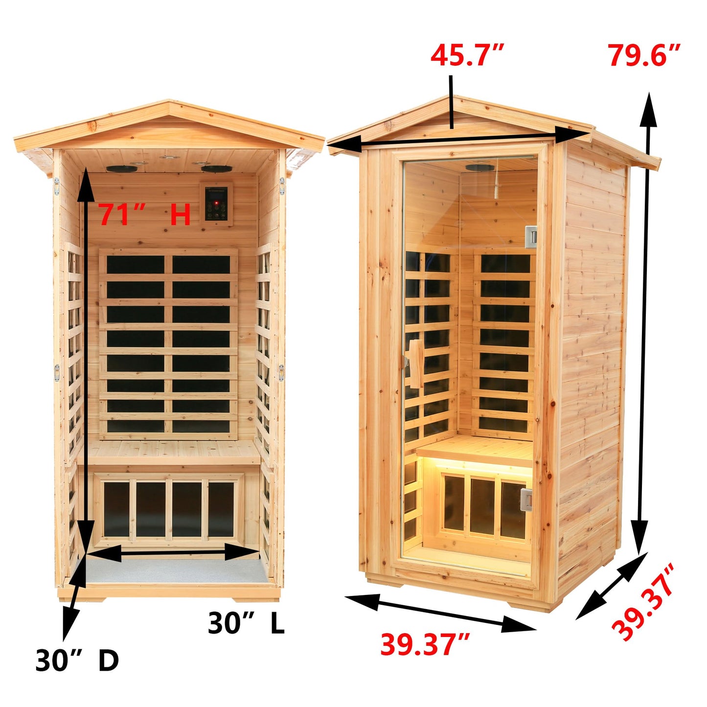 Xmatch Far Infrared Wooden Outdoor Sauna, 1-Person Size, w/1560W, 6 Low EMF Heaters, 10 Minutes Pre-Warm up, Time and Temp Pre-Set, 2 Bluetooth Speakers, 1 LED Reading Lamp and 2 Chromotherapy Lights