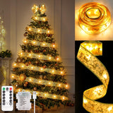 KPROE Christmas Tree Decorations, 32Ft 100 LED Christmas Tree Copper Wire Ribbon Bows Lights with 8 Lighting Modes, Battery Operated & USB Powered Fairy String Lights with Timer for Xmas Tree Decor KPROE