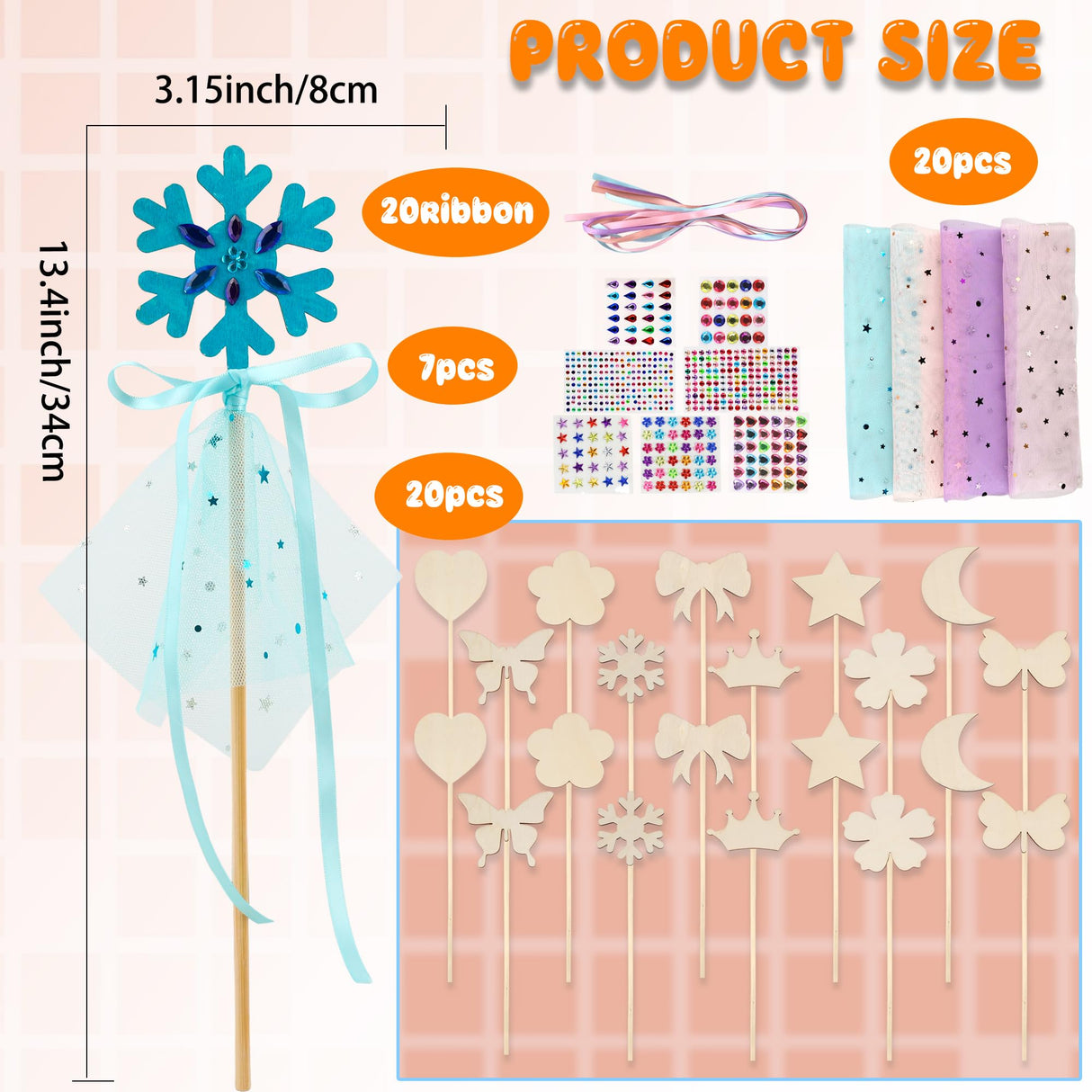 67 Pcs Make Your Own Princess Wand Kit Include 20 Pcs Wooden DIY Fairy Wand 20 Pcs Ribbons and 20 Mesh with 7 Pcs Gem Stickers for Kids Halloween Cosplay Accessories DIY Art Craft Making Plukeen