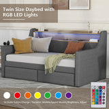 SLEERWAY Twin Daybed Frame, Linen Upholstered Day Bed with 2 Drawers, Headboard Storage Shelves, Charging Station and LED Lights, Wooden Daybed Sofa Bed for Home Living Room Bedroom, Grey SLEERWAY