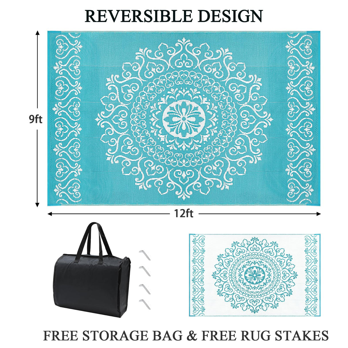 Pauwer Waterproof Outdoor Rug 9x12, Reversible Plastic Straw Patio Camping Rug, Indoor Outdoor RV Mat Carpet for Deck, Camper, Porch, Balcony, Backyard, Picnic, Floral Teal Pauwer